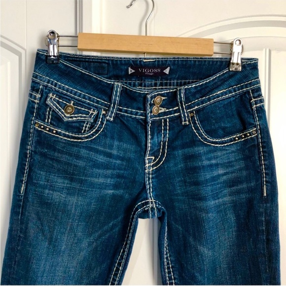 Vigoss Tick Stitch Ring-stone button flap embellished back Pocket Capri Jeans 28 - Picture 3 of 16